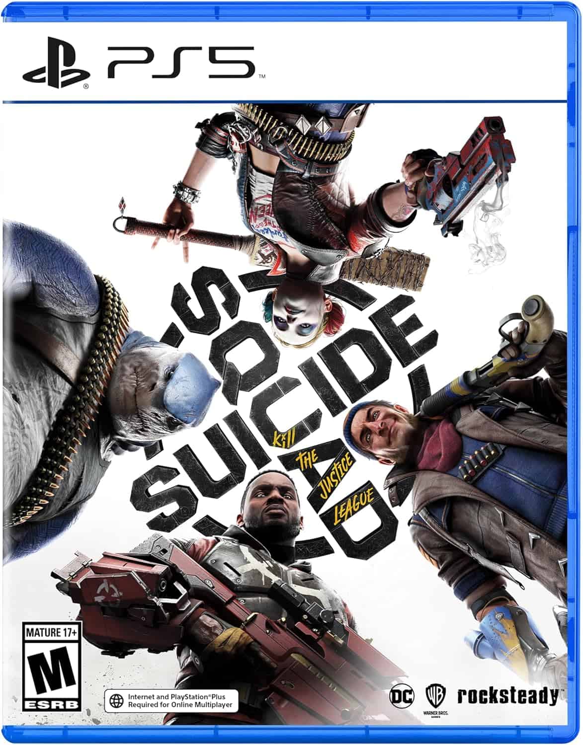 Kill the Justice League PS5 game cover featuring Harley Quinn, Deadshot, King Shark, and Captain Boo.