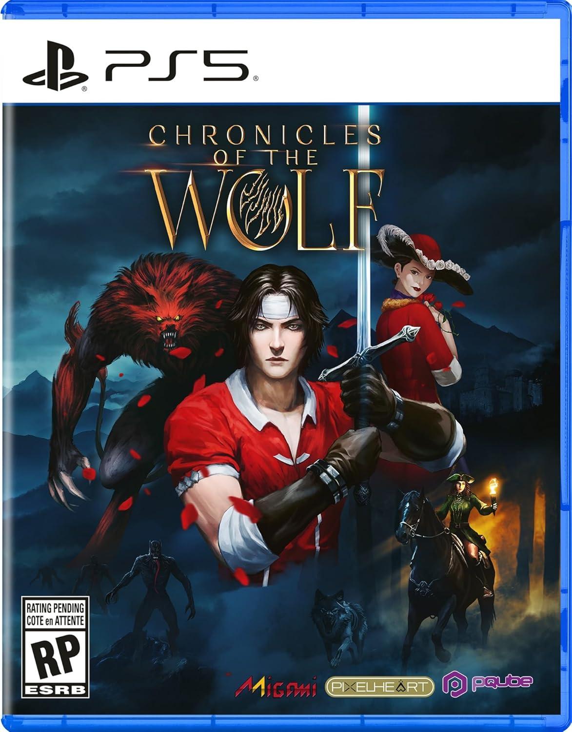 PS5 Chronicles of the Wolf game cover with characters and wolf artwork.