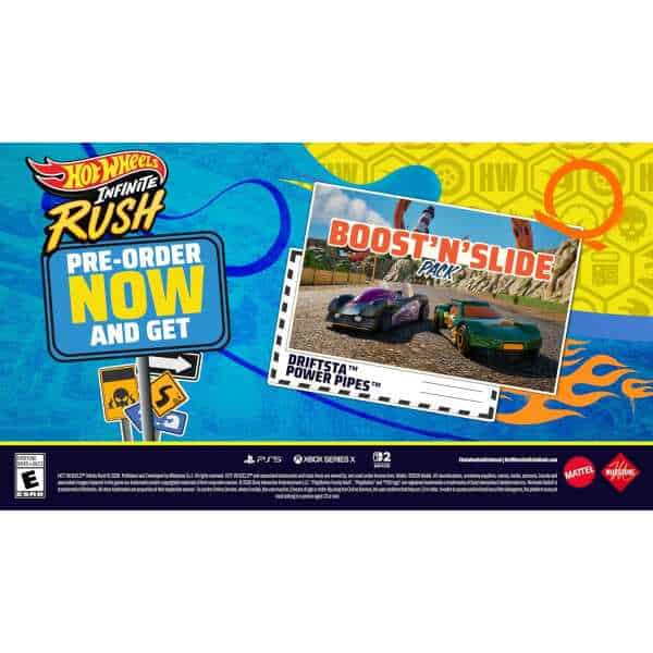 Hot Wheels Infinite Rush game promotion with pre-order offer and boost'n'slide pack.
