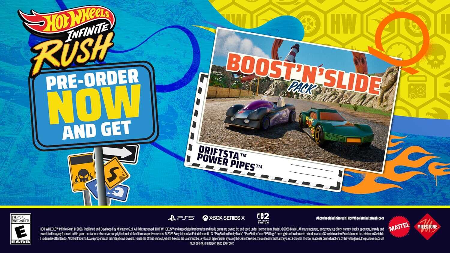 Hot Wheels Infinite Rush game promotion with pre-order offer and boost'n'slide pack.
