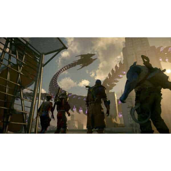 Group of diverse gamers facing a giant alien creature in a futuristic cityscape.