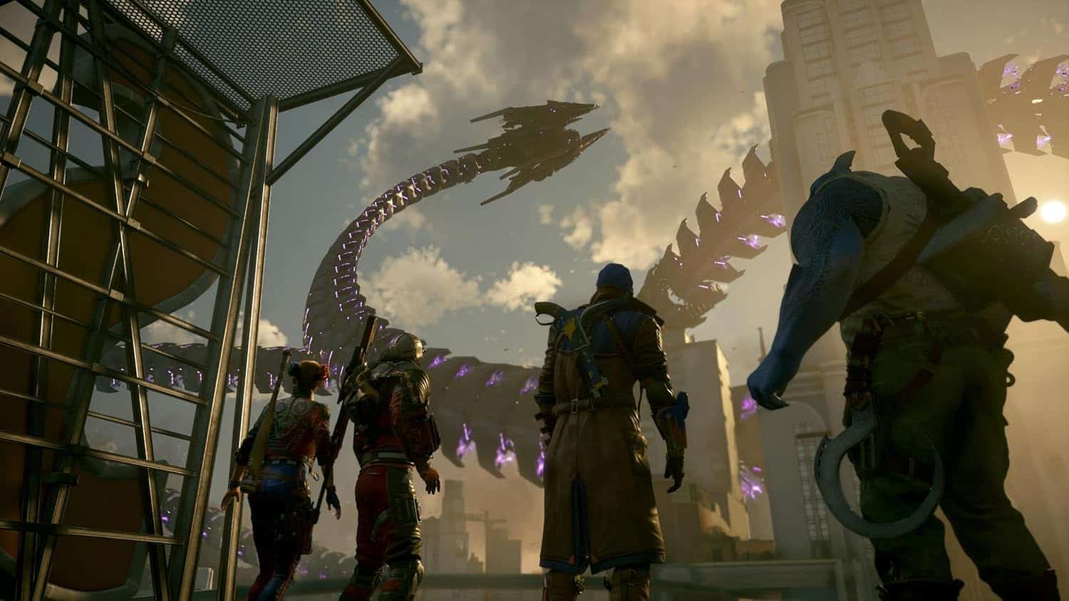 Group of diverse gamers facing a giant alien creature in a futuristic cityscape.