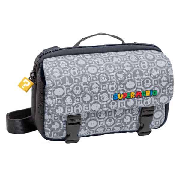 Kids gaming backpack featuring Super Mario design with colorful logo and gray patterned background.