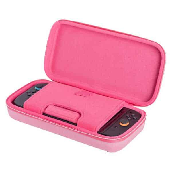 Nintendo Switch carrying case with accessories in pink color.
