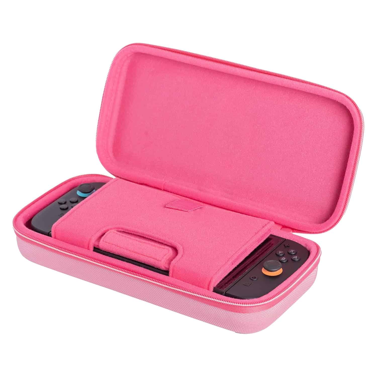 Nintendo Switch carrying case with accessories in pink color.