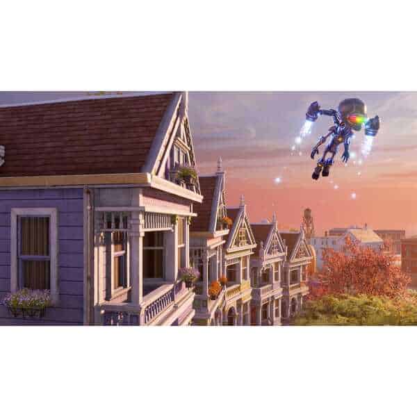 Futuristic alien character flying over suburban neighborhood at sunset.