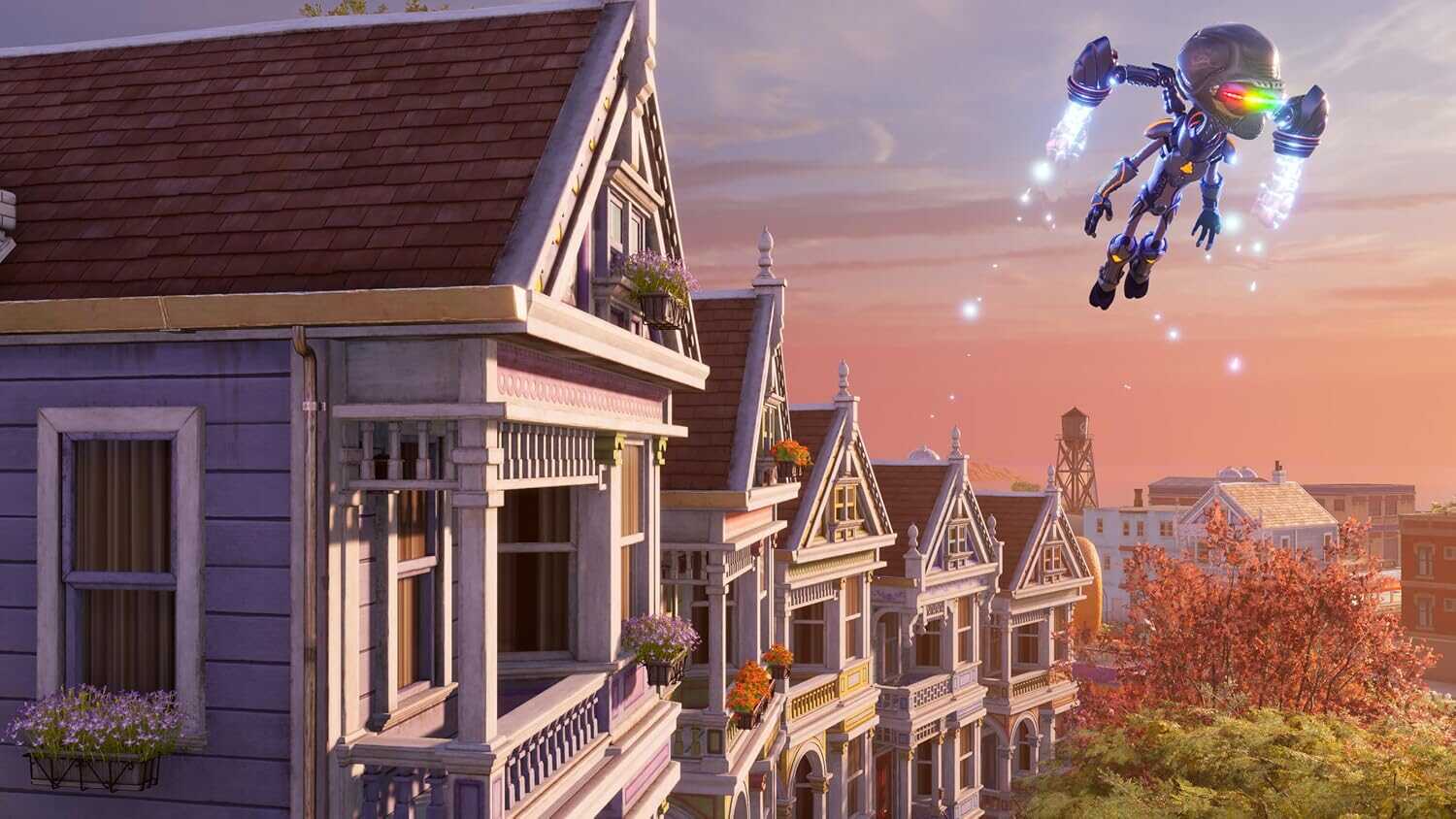 Futuristic alien character flying over suburban neighborhood at sunset.