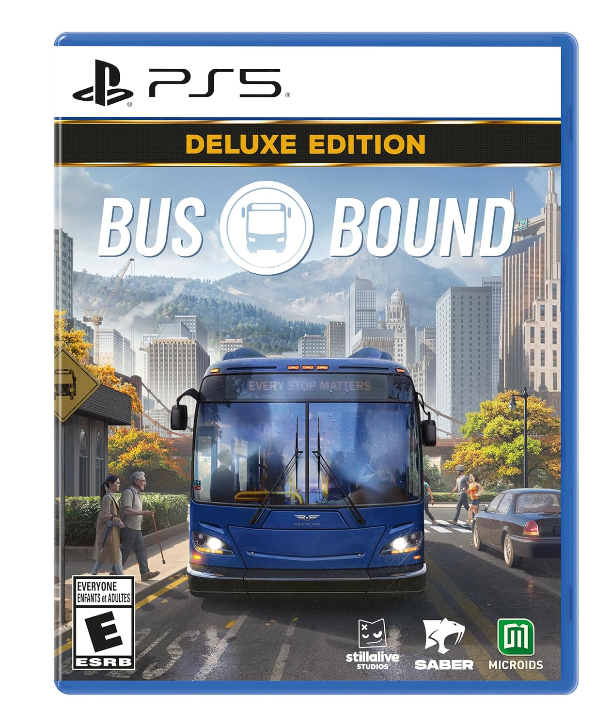 Bus Bound Deluxe Edition for PS5 with urban cityscape background.