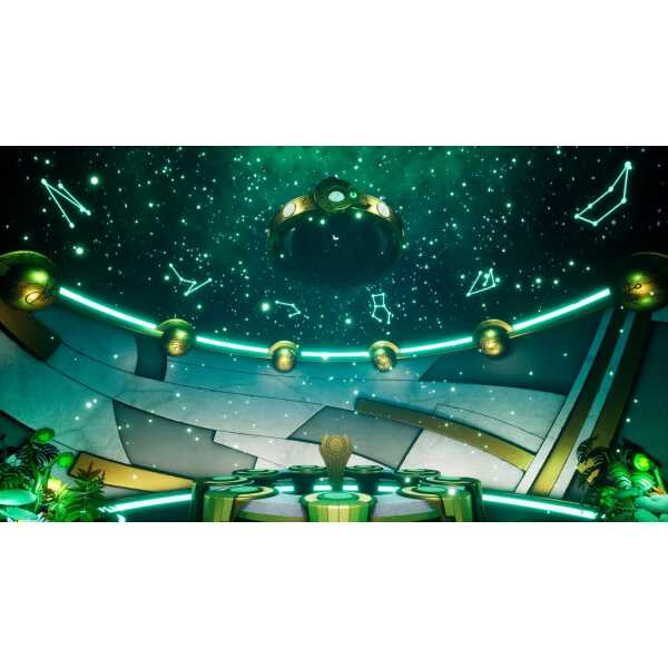 Futuristic cosmic scene with glowing orbs and celestial symbols.