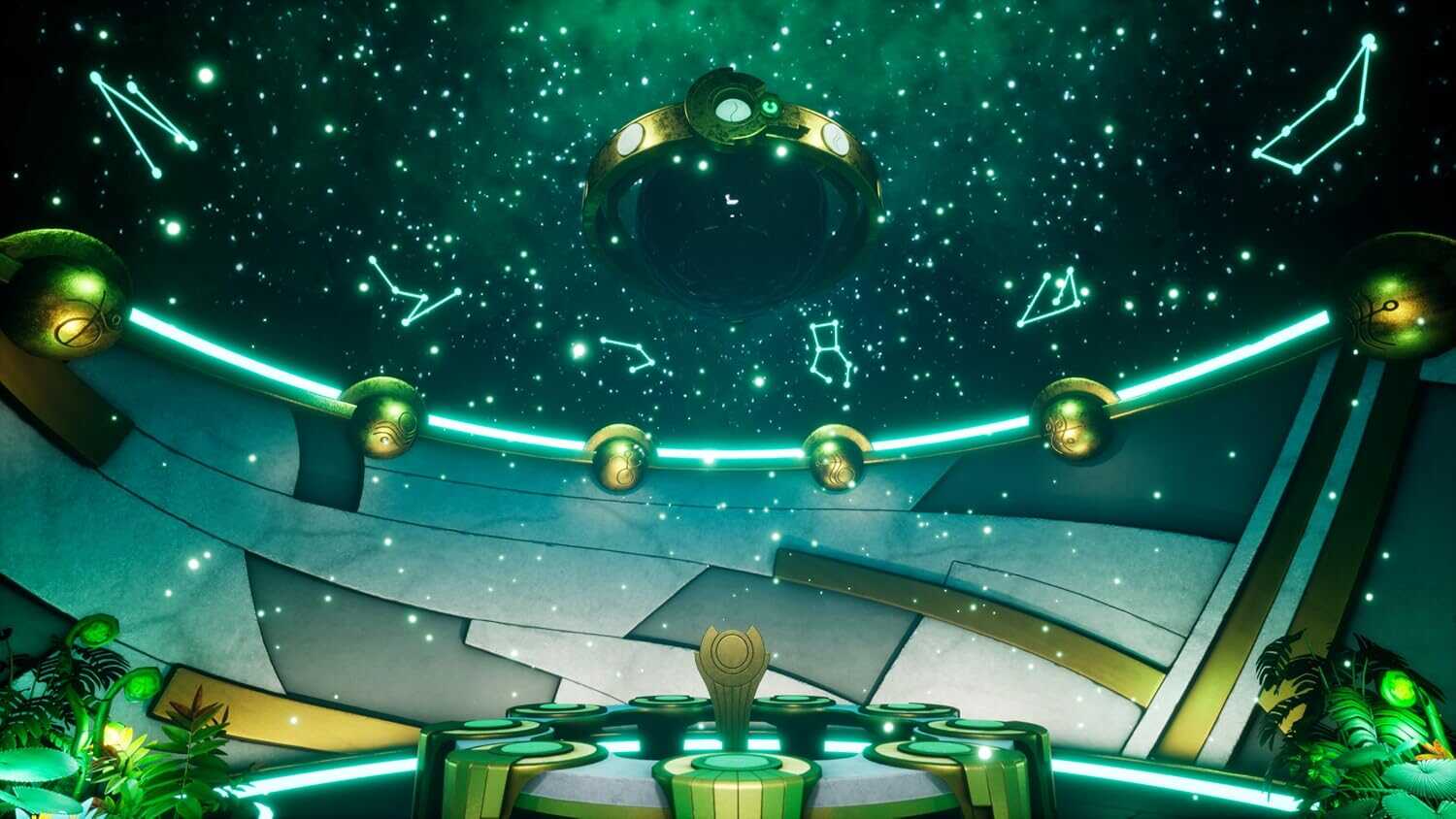 Futuristic cosmic scene with glowing orbs and celestial symbols.