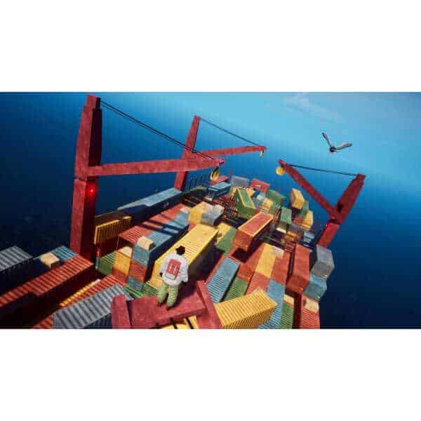 Container ship with cranes and stacked cargo containers at sea.