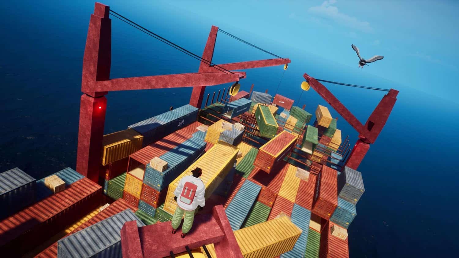 Container ship with cranes and stacked cargo containers at sea.