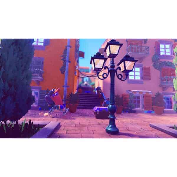 Cartoon bandit caught in a trap in colorful city street scene.