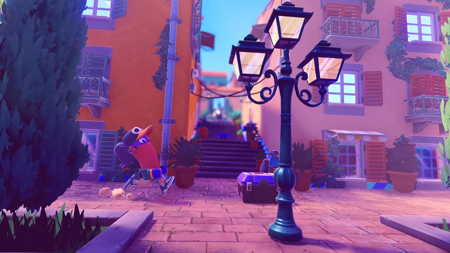 Cartoon bandit caught in a trap in colorful city street scene.