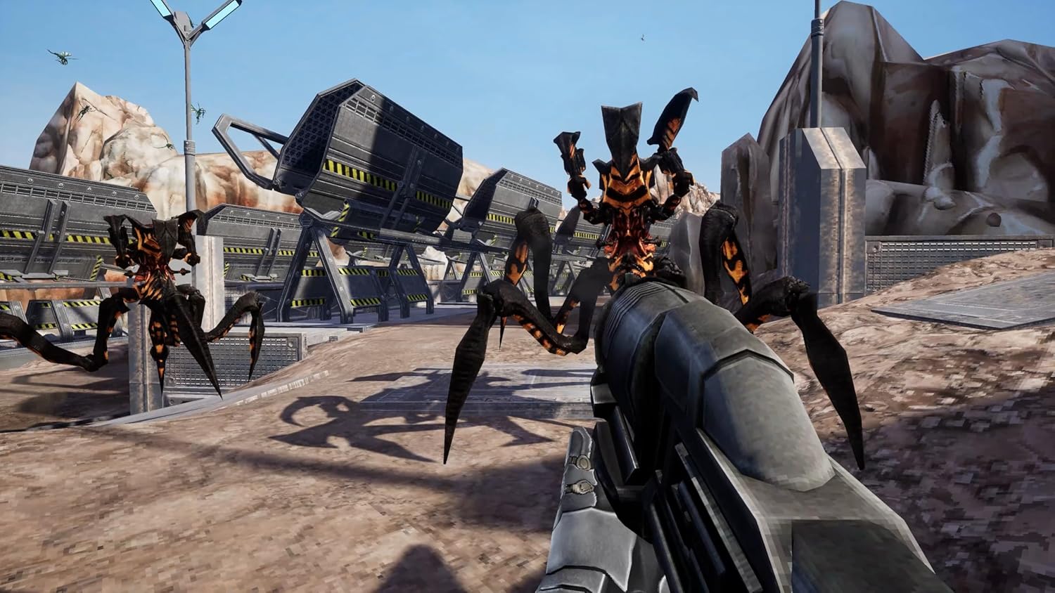 Futuristic alien creatures attacking in a sci-fi video game scene.