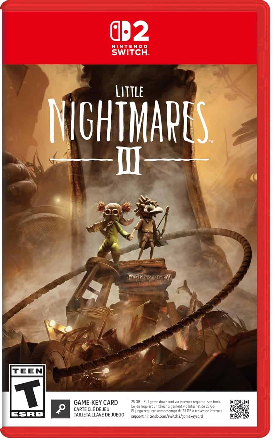Cover art for Little Nightmares III on Nintendo Switch, featuring eerie characters.