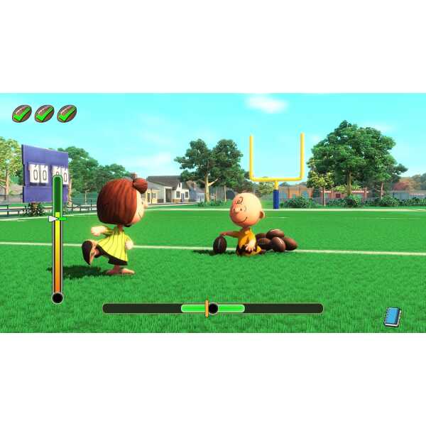 Snoopy and Lucy playing football in a vibrant park setting.