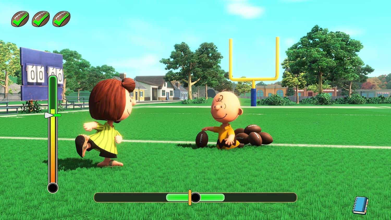 Snoopy and Lucy playing football in a vibrant park setting.