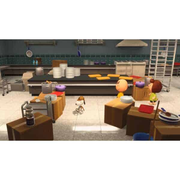 Animated kitchen scene with Peanuts characters in a gameware setting.