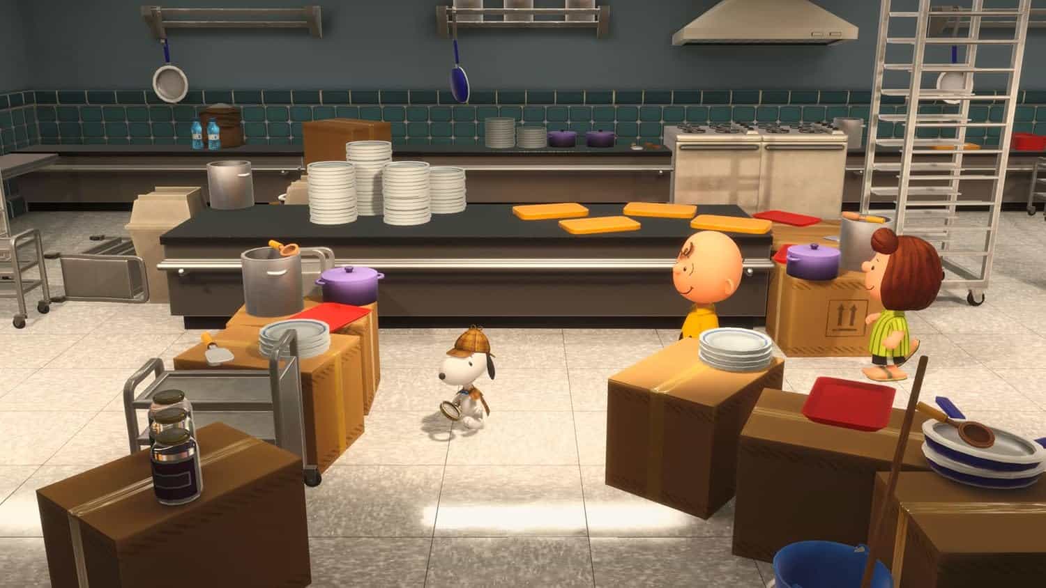 Animated kitchen scene with Peanuts characters in a gameware setting.