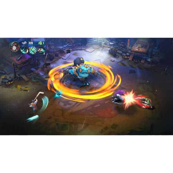 Intense multiplayer battle scene with heroes fighting a giant robot boss.