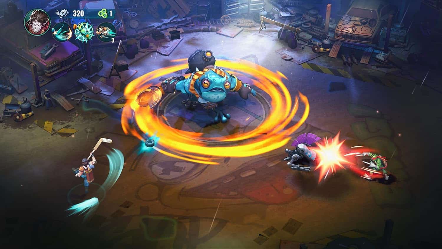 Intense multiplayer battle scene with heroes fighting a giant robot boss.