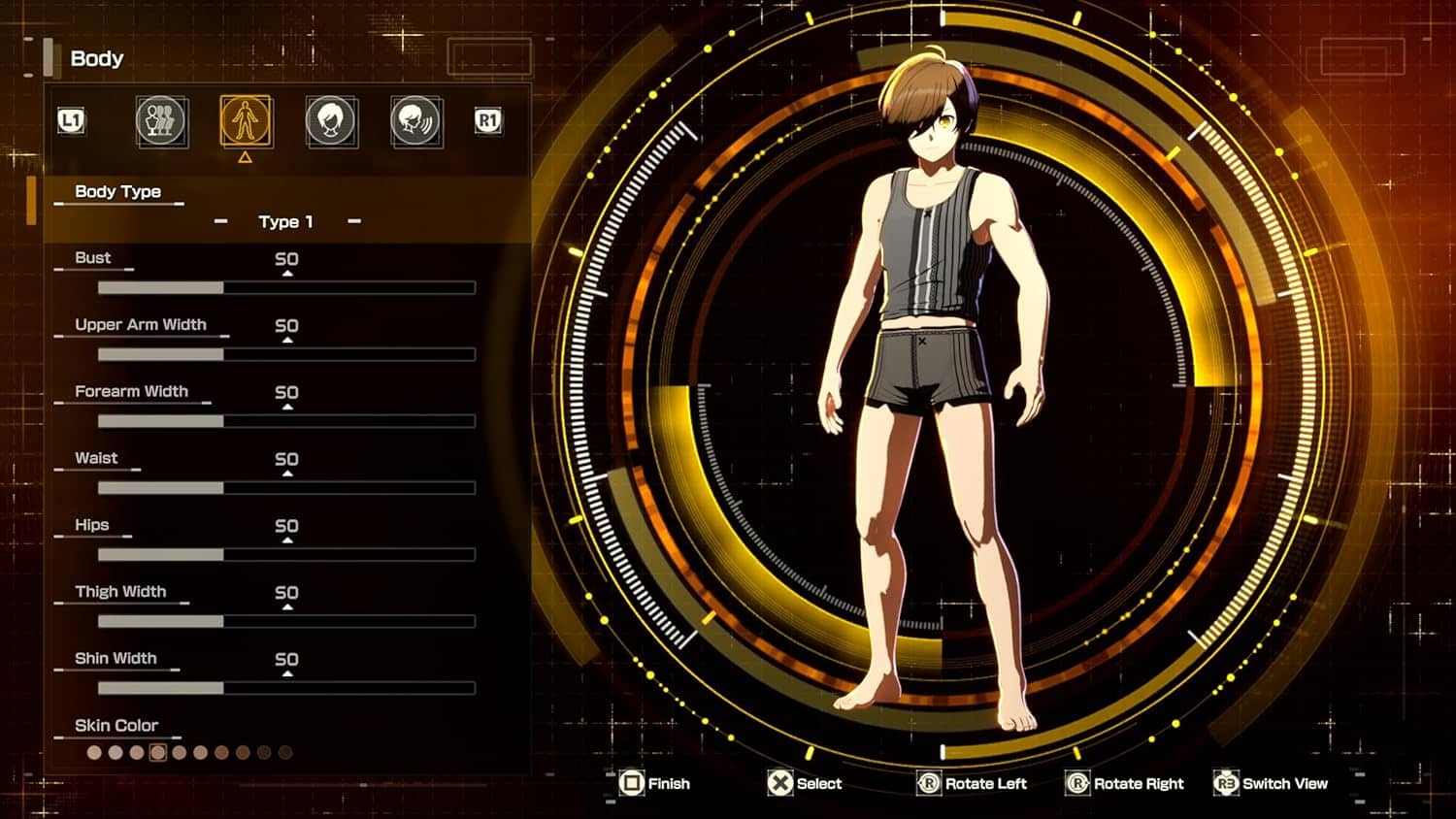 Interactive avatar customization screen showcasing various body and clothing options for gaming char.