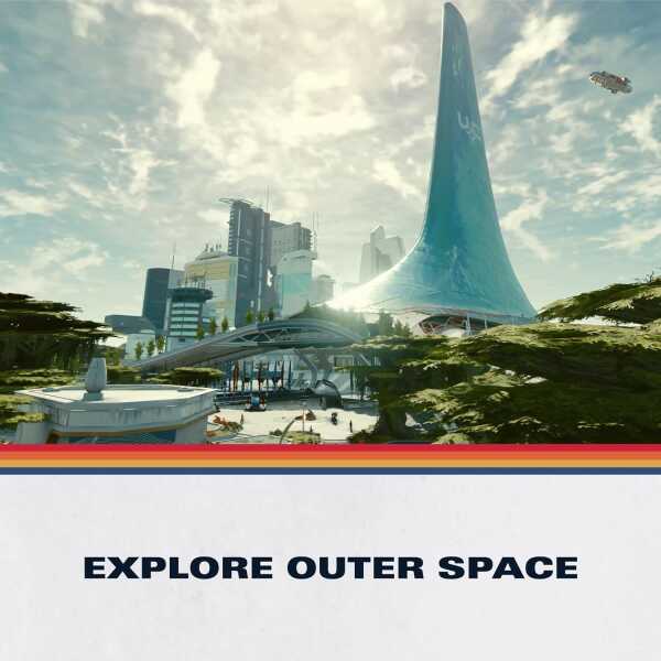 Modern city with spaceport and spaceship in a sci-fi setting.