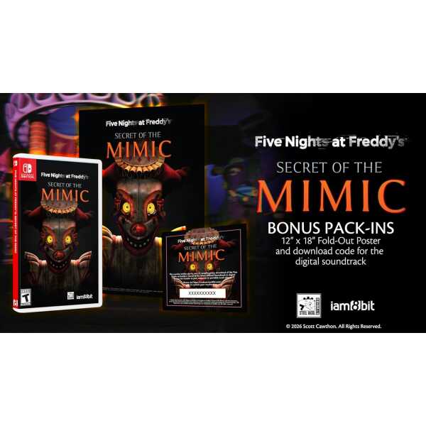 Five Nights at Freddy's MIMIC game cover with bonus pack-ins for Nintendo Switch.