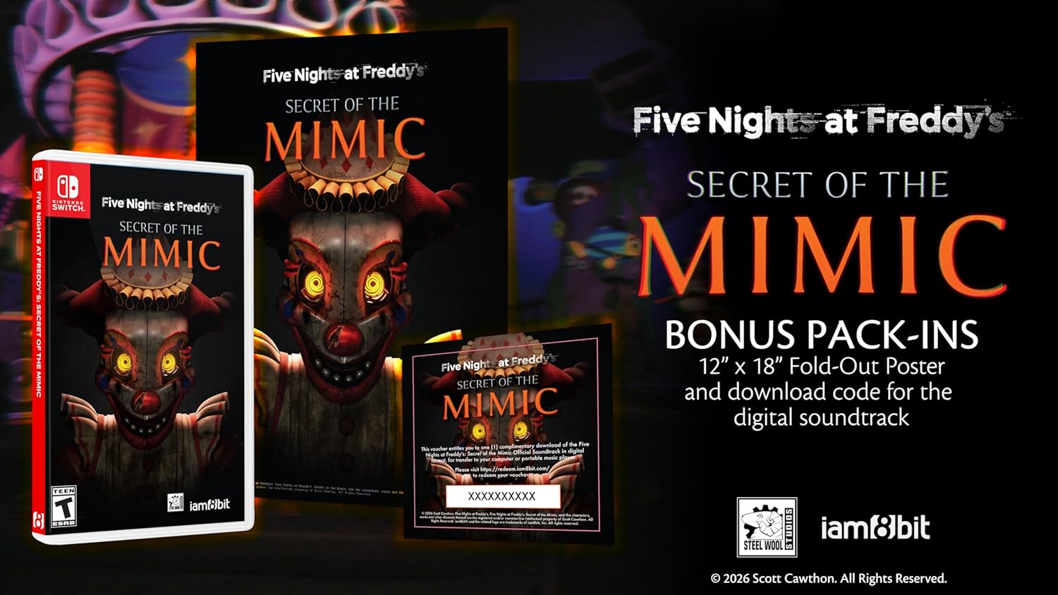 Five Nights at Freddy's MIMIC game cover with bonus pack-ins for Nintendo Switch.
