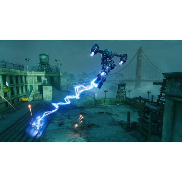 Futuristic robot attacking with lightning in urban environment from Destroy All Humans! 2 Reprobed.