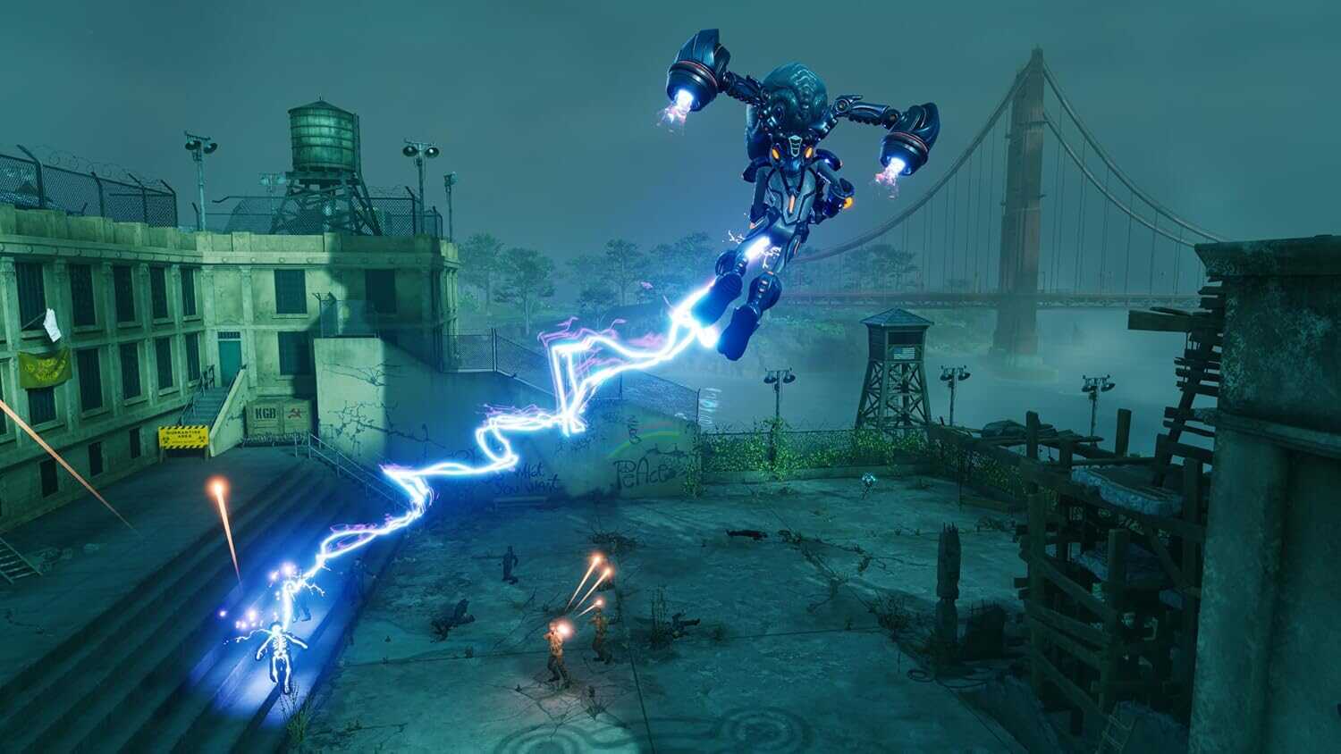 Futuristic robot attacking with lightning in urban environment from Destroy All Humans! 2 Reprobed.