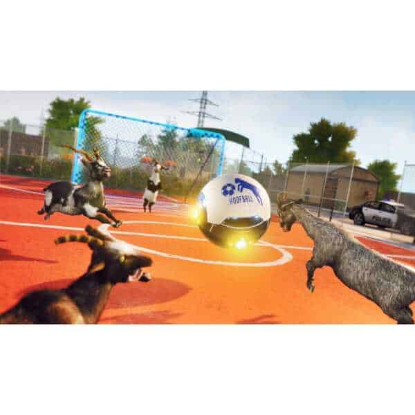 Goats playing soccer with a ball on a tennis court in a video game scene.