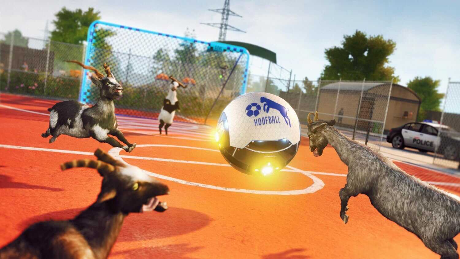Goats playing soccer with a ball on a tennis court in a video game scene.