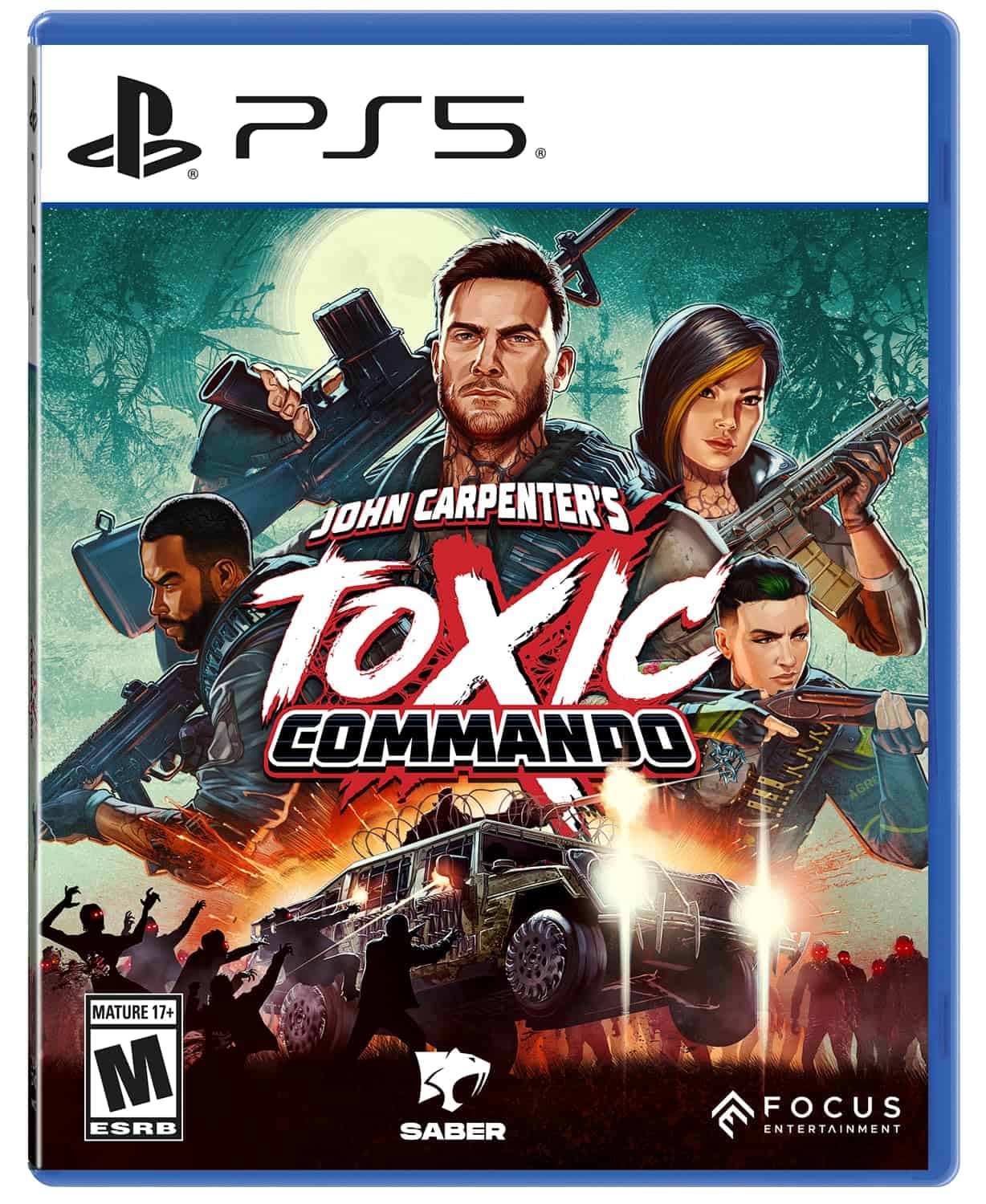 Toxic Commando PS5 game cover featuring soldiers and a military vehicle in a post-apocalyptic settin.