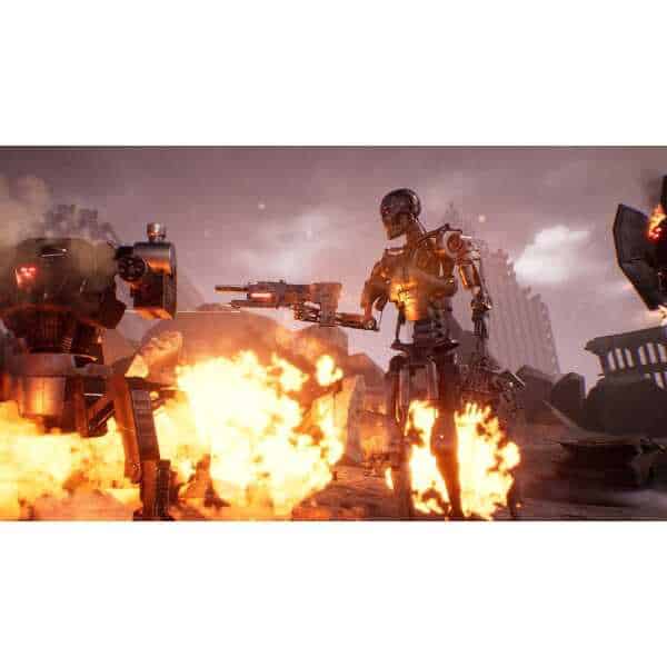 Advanced robotic soldiers engaged in battle with explosions in a dystopian cityscape.