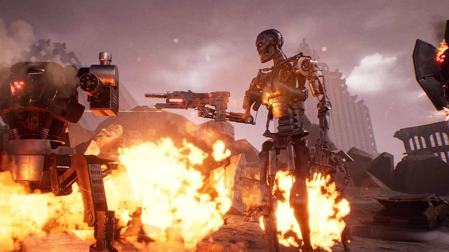 Advanced robotic soldiers engaged in battle with explosions in a dystopian cityscape.