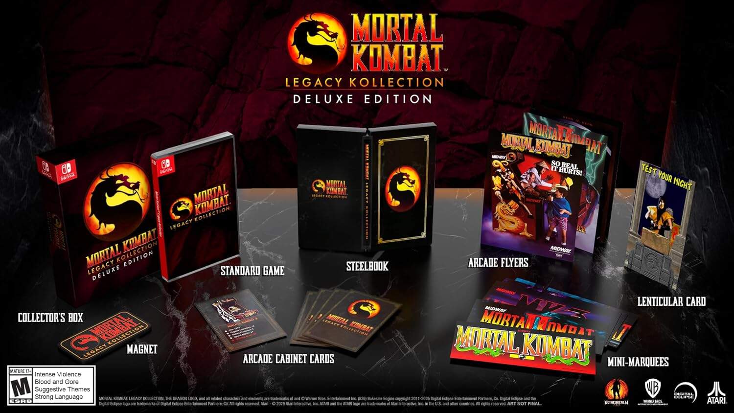 Mortal Kombat Legacy Kollection Deluxe Edition game box set with cards and accessories.