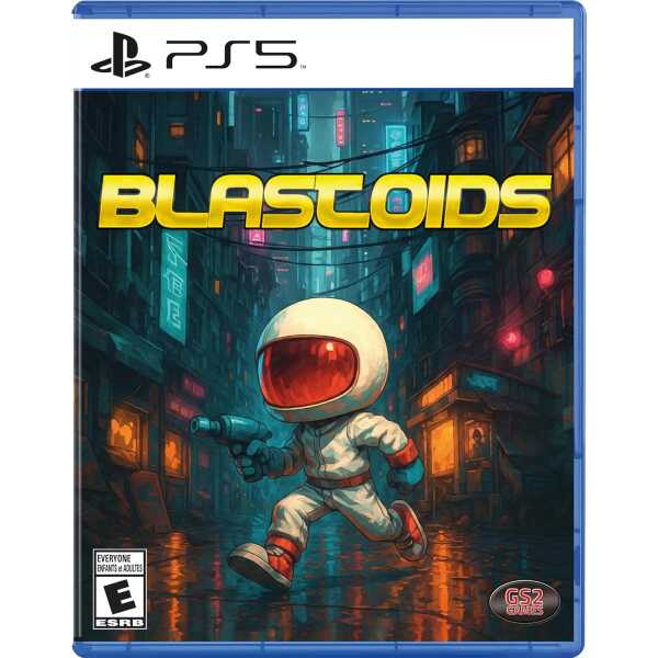 Blastoids PS5 game cover with a cartoon astronaut character in a neon-lit cityscape.