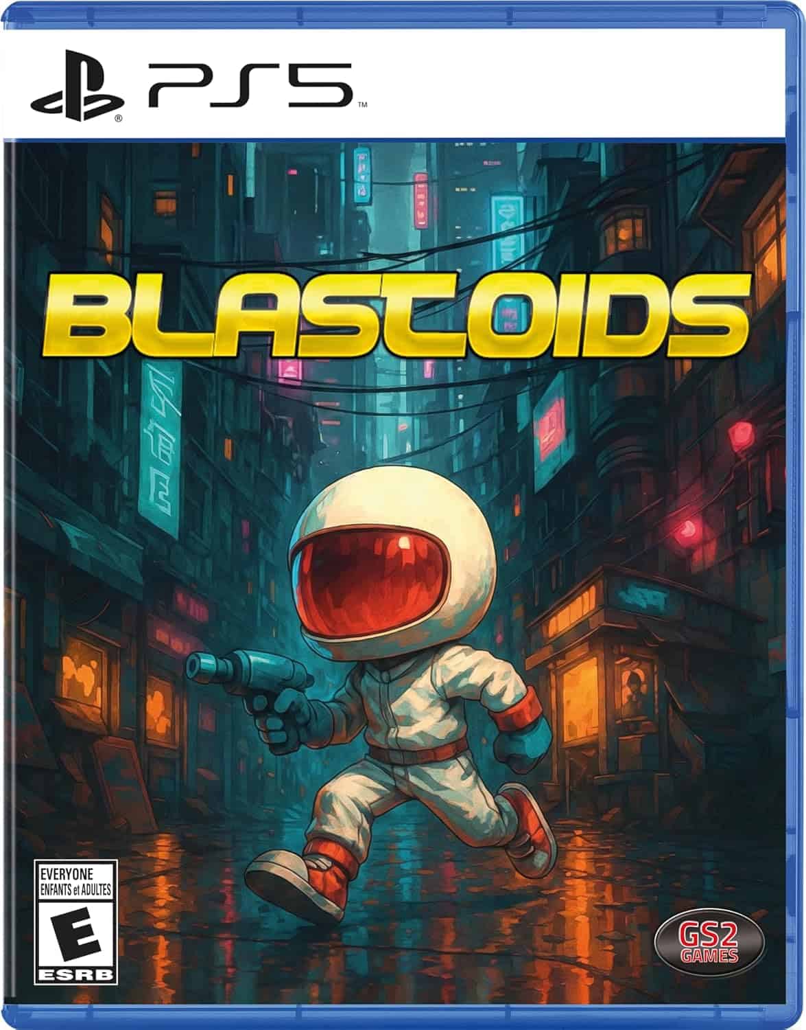 Blastoids PS5 game cover with a cartoon astronaut character in a neon-lit cityscape.