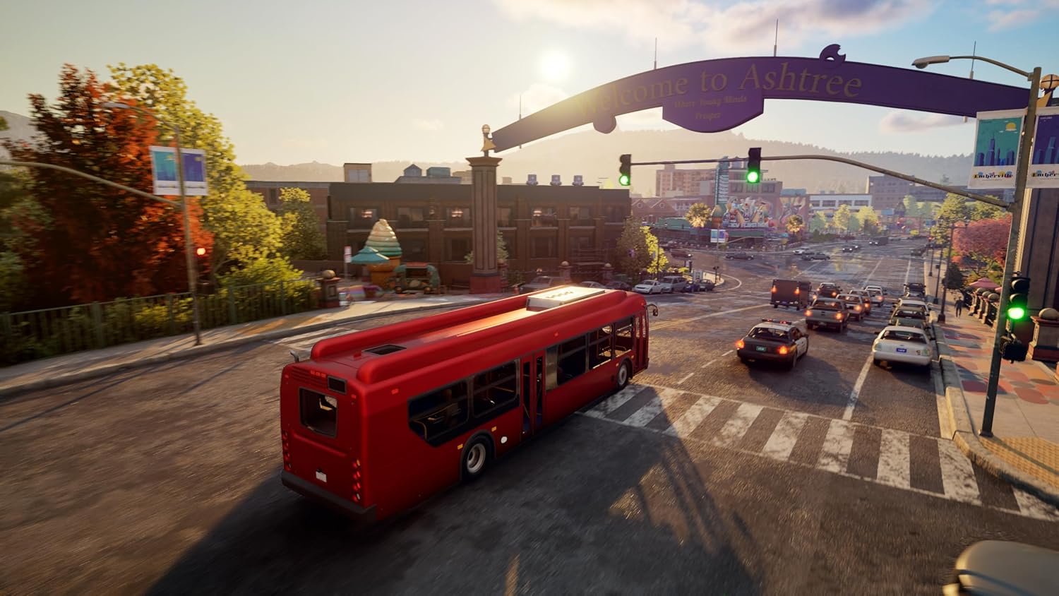 A red bus driving through city streets during sunset, showcasing vibrant urban scenery and traffic.
