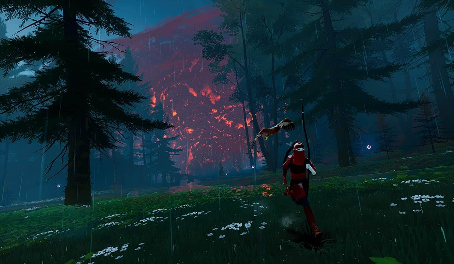 Forest landscape with a person running through trees at sunset.