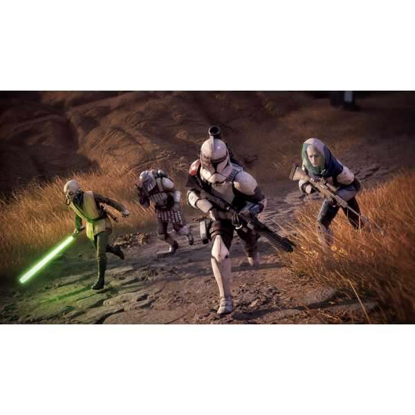 Star Wars clone troopers in action on a desert planet.