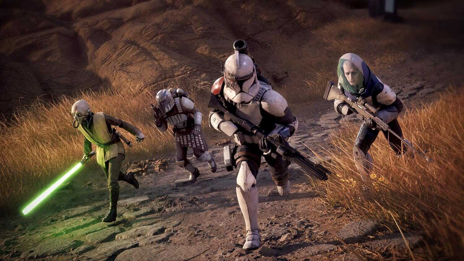 Star Wars clone troopers in action on a desert planet.