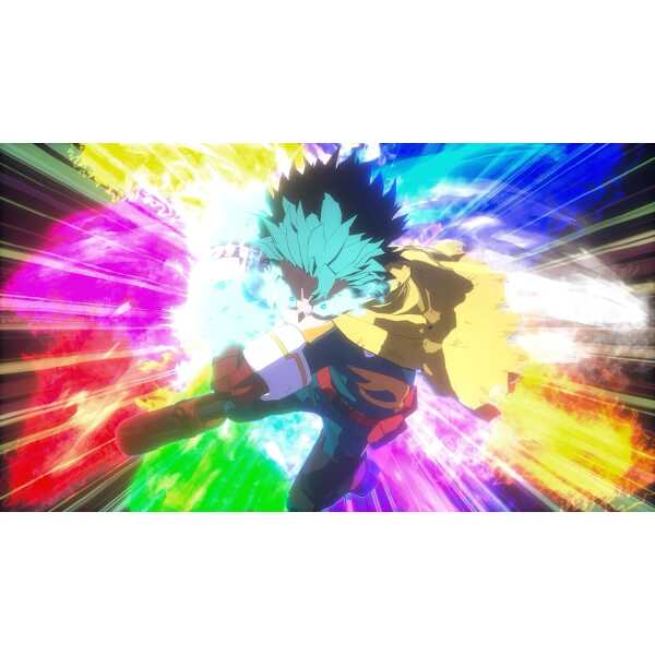 Heroic battle from My Hero Academia: Alls Justice featuring vibrant powers and dynamic movement.