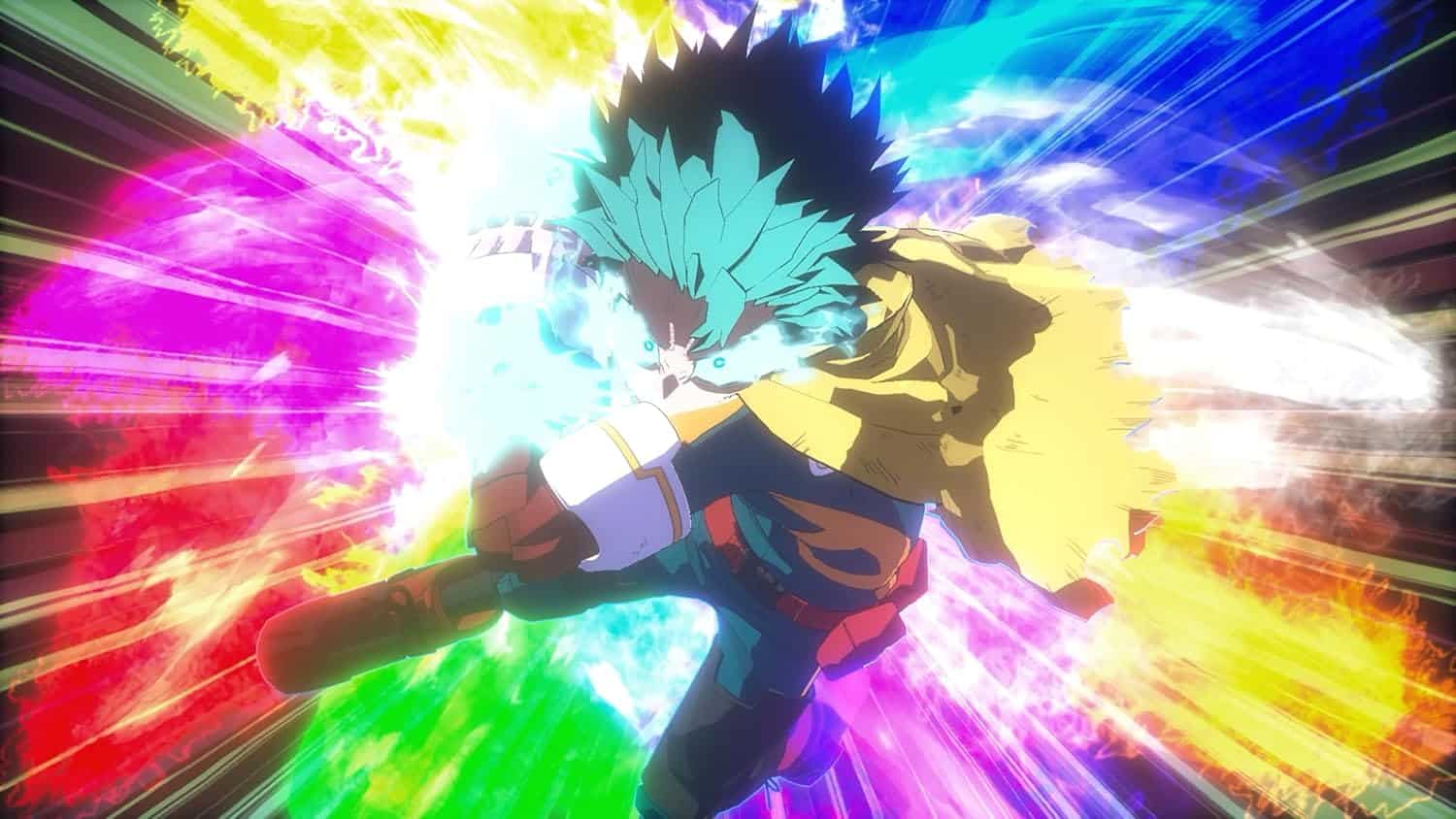 Heroic battle from My Hero Academia: Alls Justice featuring vibrant powers and dynamic movement.