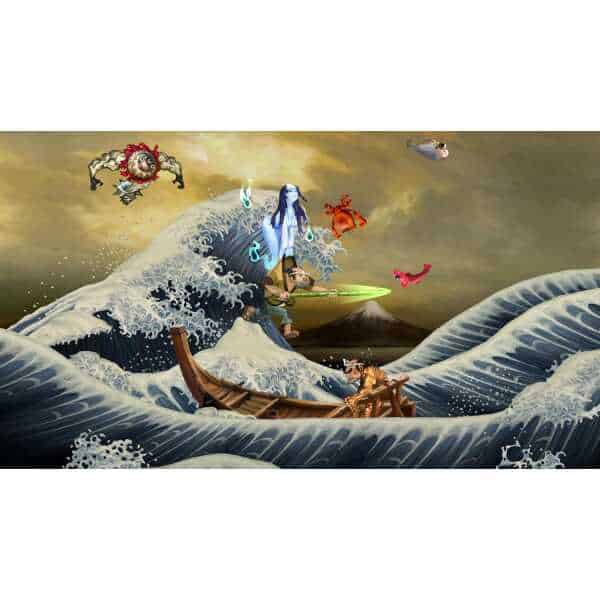 Artwork from Muramasa: Revenant Blades featuring a female warrior and mythical creatures.