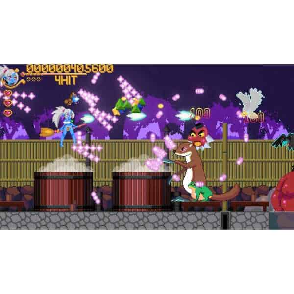 Colorful arcade game scene with characters and fireworks at night.