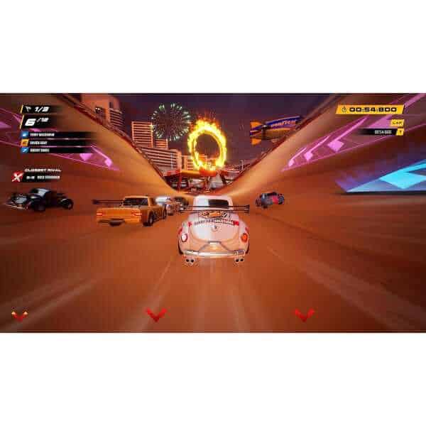 Futuristic racing game scene with cars racing through a vibrant city at night, fireworks in the sky,.