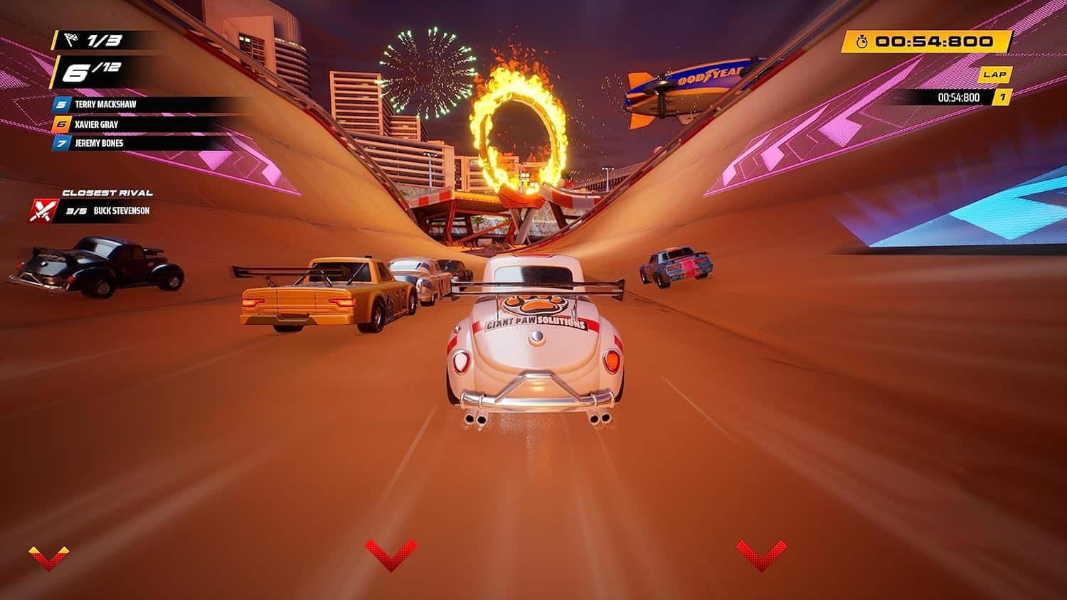 Futuristic racing game scene with cars racing through a vibrant city at night, fireworks in the sky,.